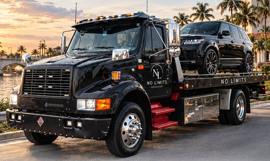 A black No Limits flatbed tow truck carrying a black Range Rover on a waterfront road lined with palm trees at sunset.