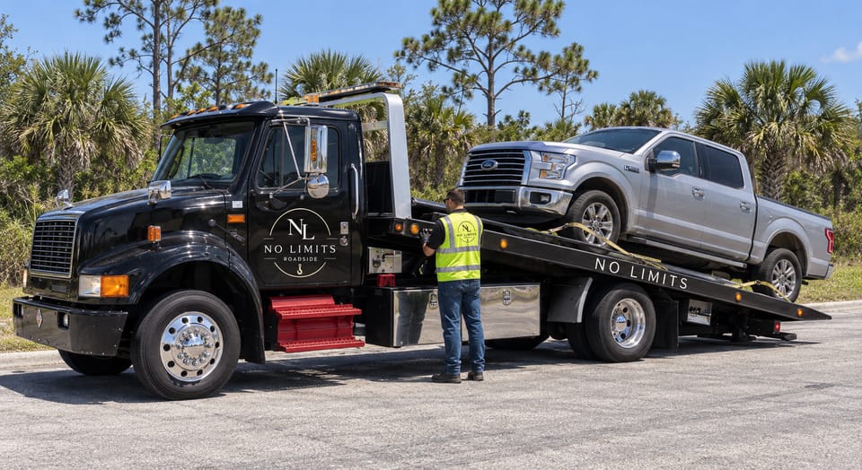 A silver pickup truck part way up the inclined bed of a black flatbed tow truck on a rural roadside, an operator standing clear at the side controls.